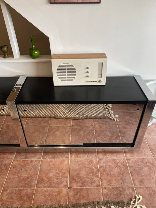 1970's Mirrored Metal and Black Wood Credenza