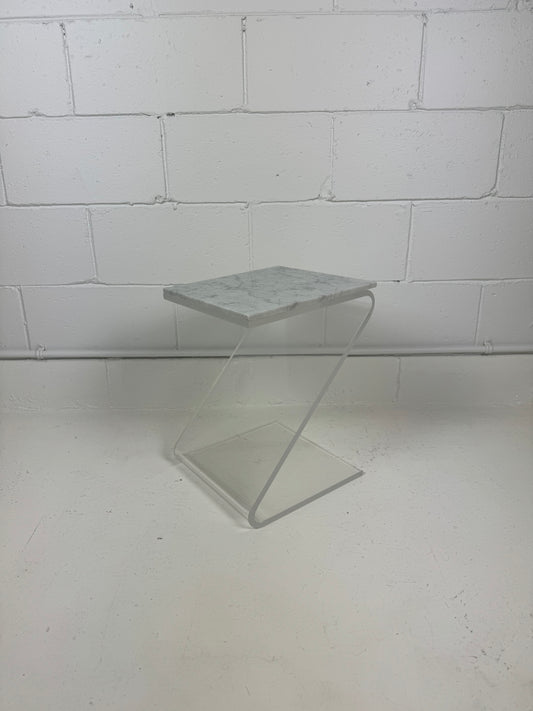 Vintage Mid Century Lucite Zig Zag Side Table with Marble Top