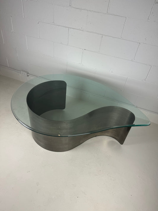 Sculptural Glass & Steel Teardrop Coffee Table Attributed to Karl Springer