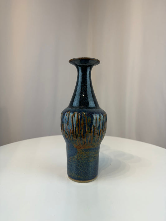 Studio Pottery Tall Vase - Blue & Rust Orange