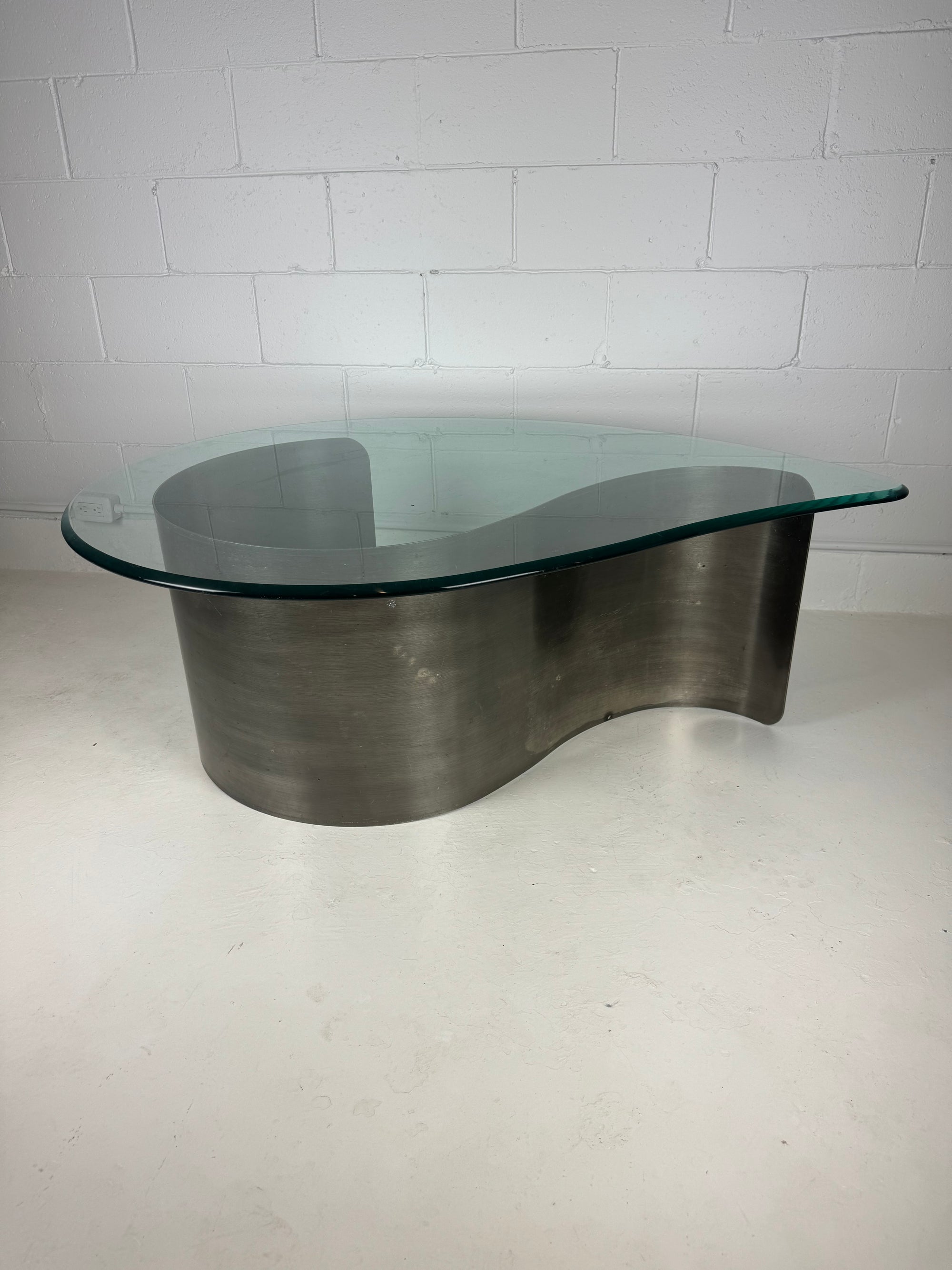 Sculptural Glass & Steel Teardrop Coffee Table Attributed to Karl Springer