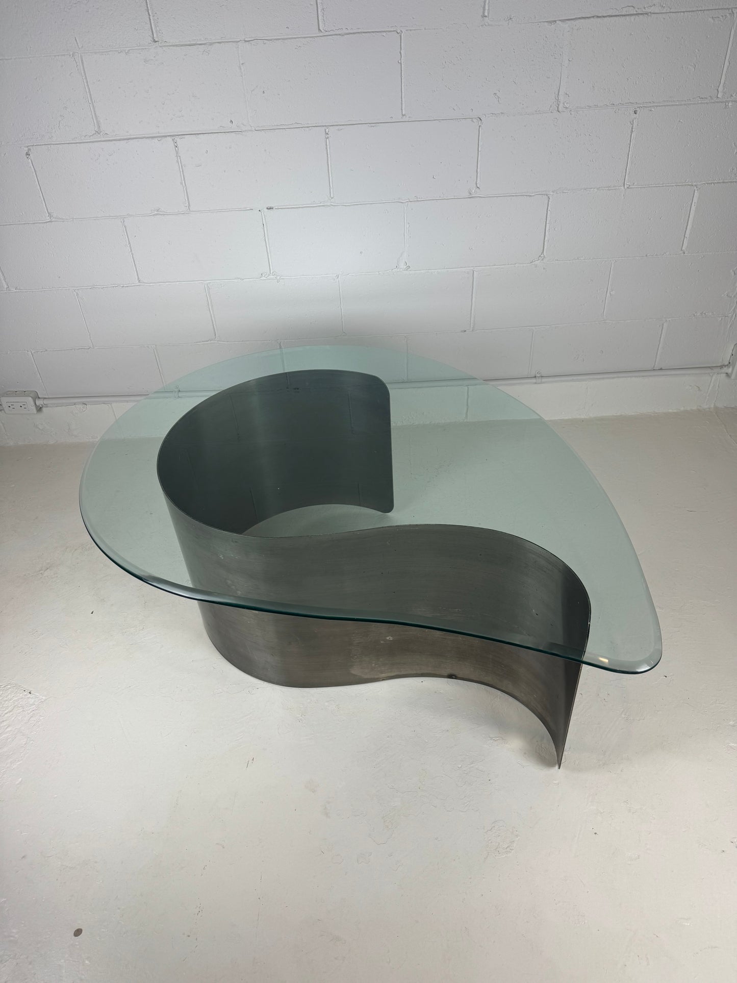 Sculptural Glass & Steel Teardrop Coffee Table Attributed to Karl Springer