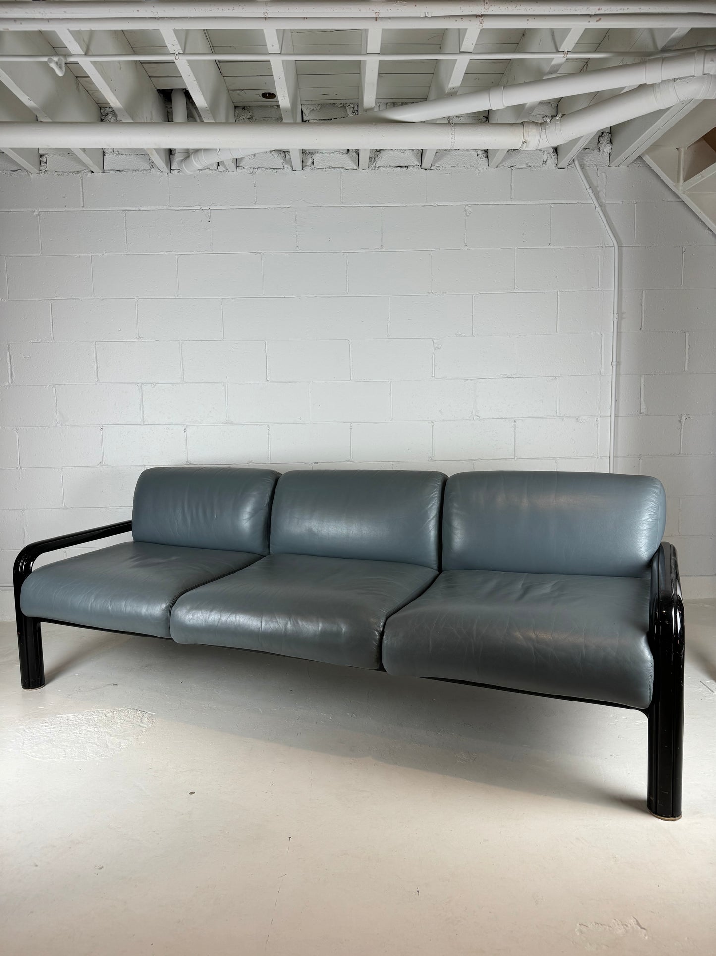 Gae Aulenti Vintage Grey Leather 3 Seat Sofa for Knoll