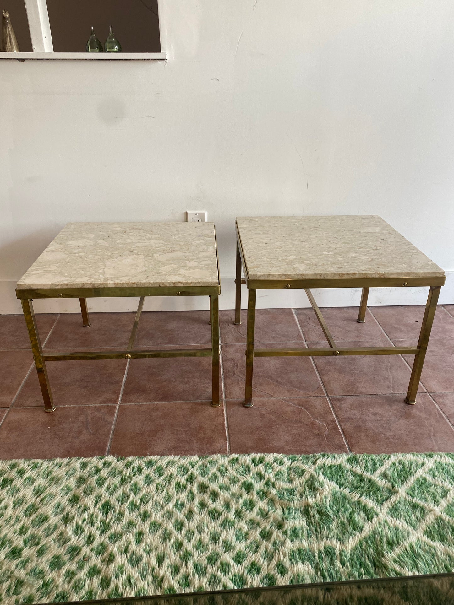 Vintage Brass and Travertine Hollywood Regency Side Tables