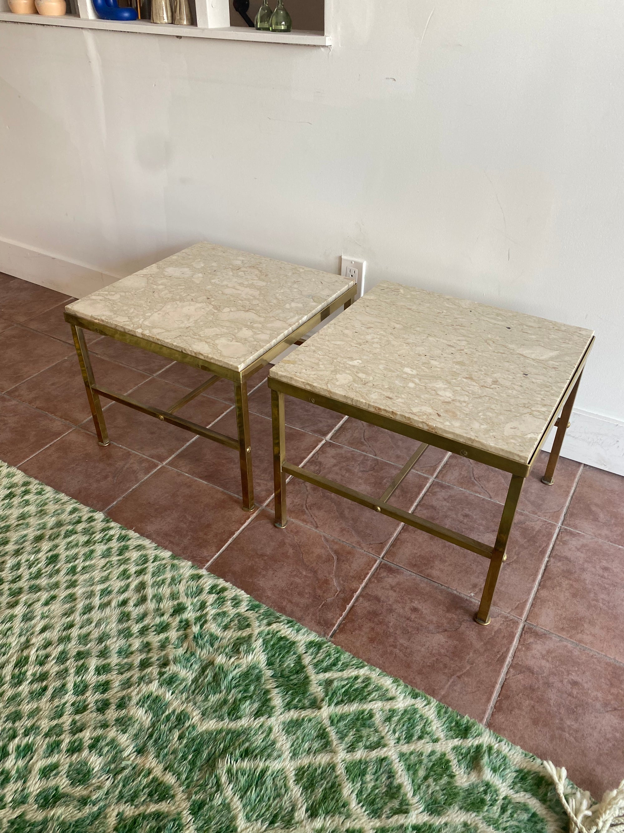 Vintage Brass and Travertine Hollywood Regency Side Tables