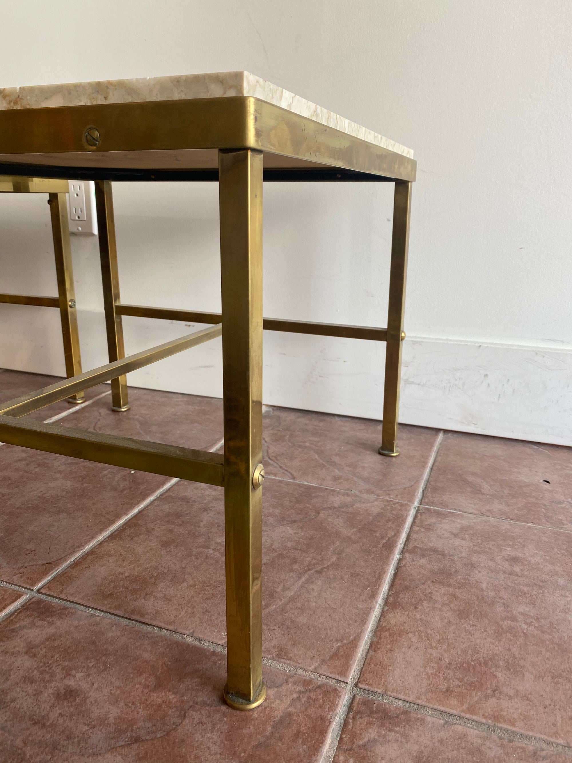 Vintage Brass and Travertine Hollywood Regency Side Tables