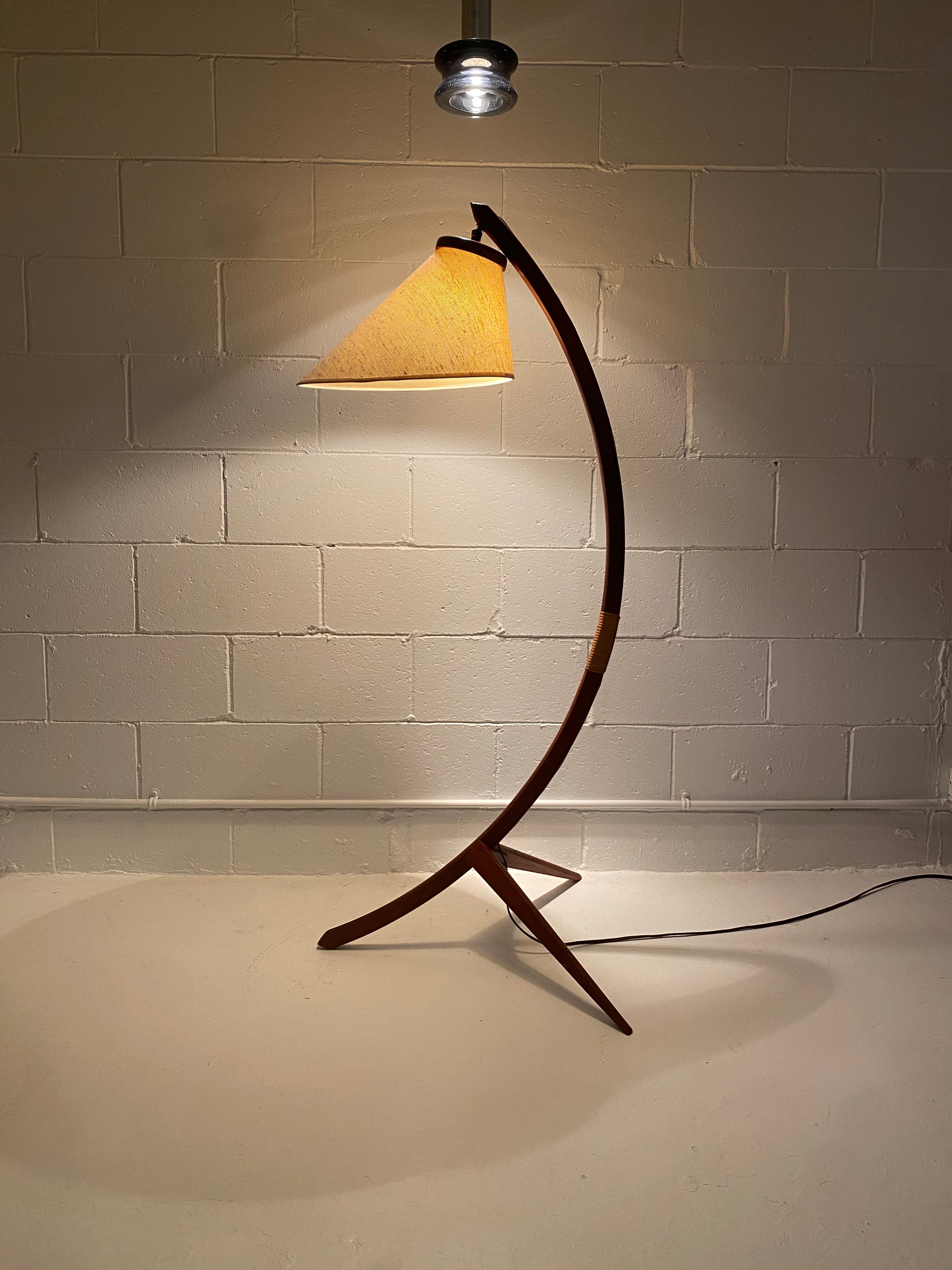 Teak and Cane Bow Floor Lamp Mid Century Modern 1960's