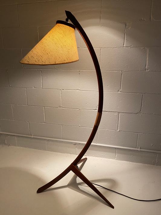 Teak and Cane Bow Floor Lamp Mid Century Modern 1960's