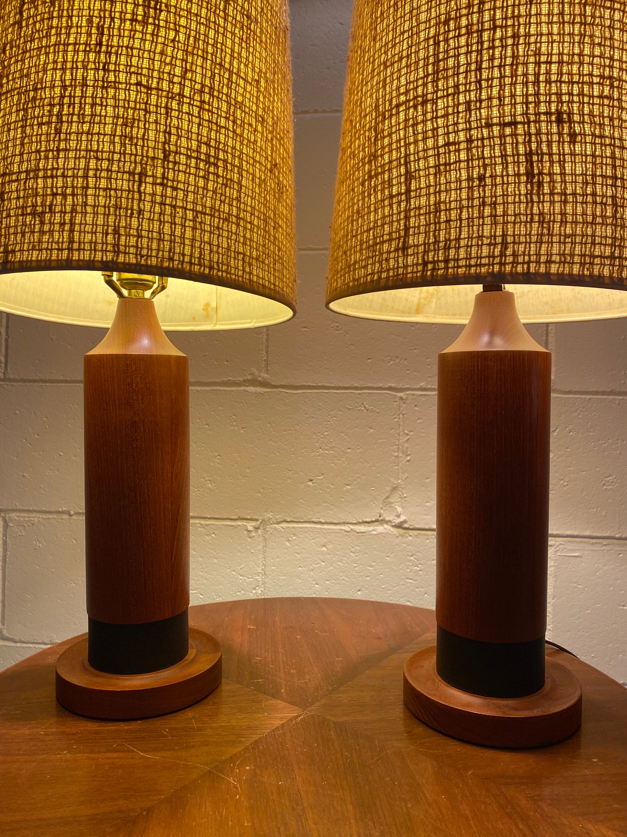 Solid Teak Turned Table Lamps Mid Century Modern 1960's