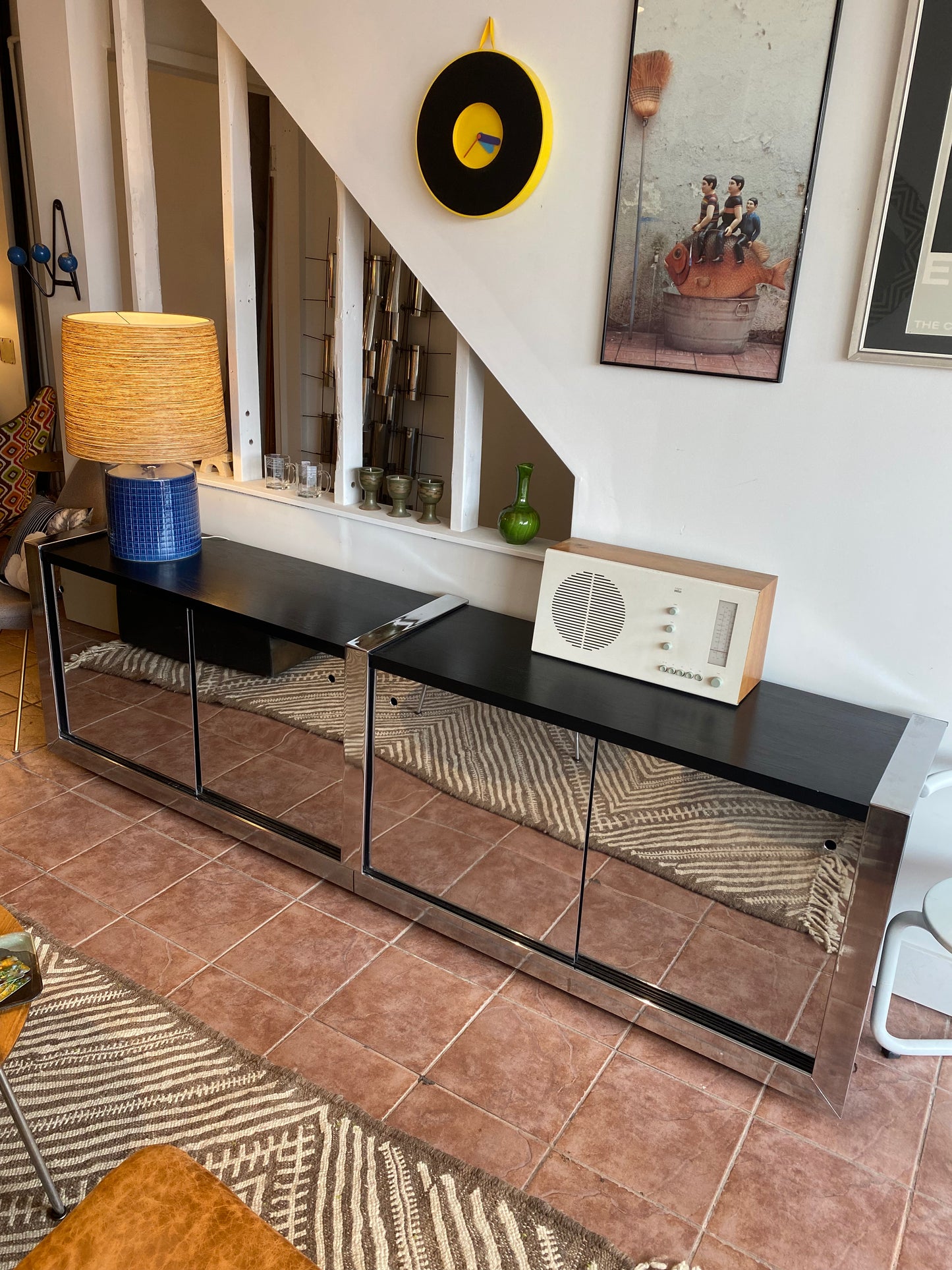 1970's Mirrored Metal and Black Wood Credenza