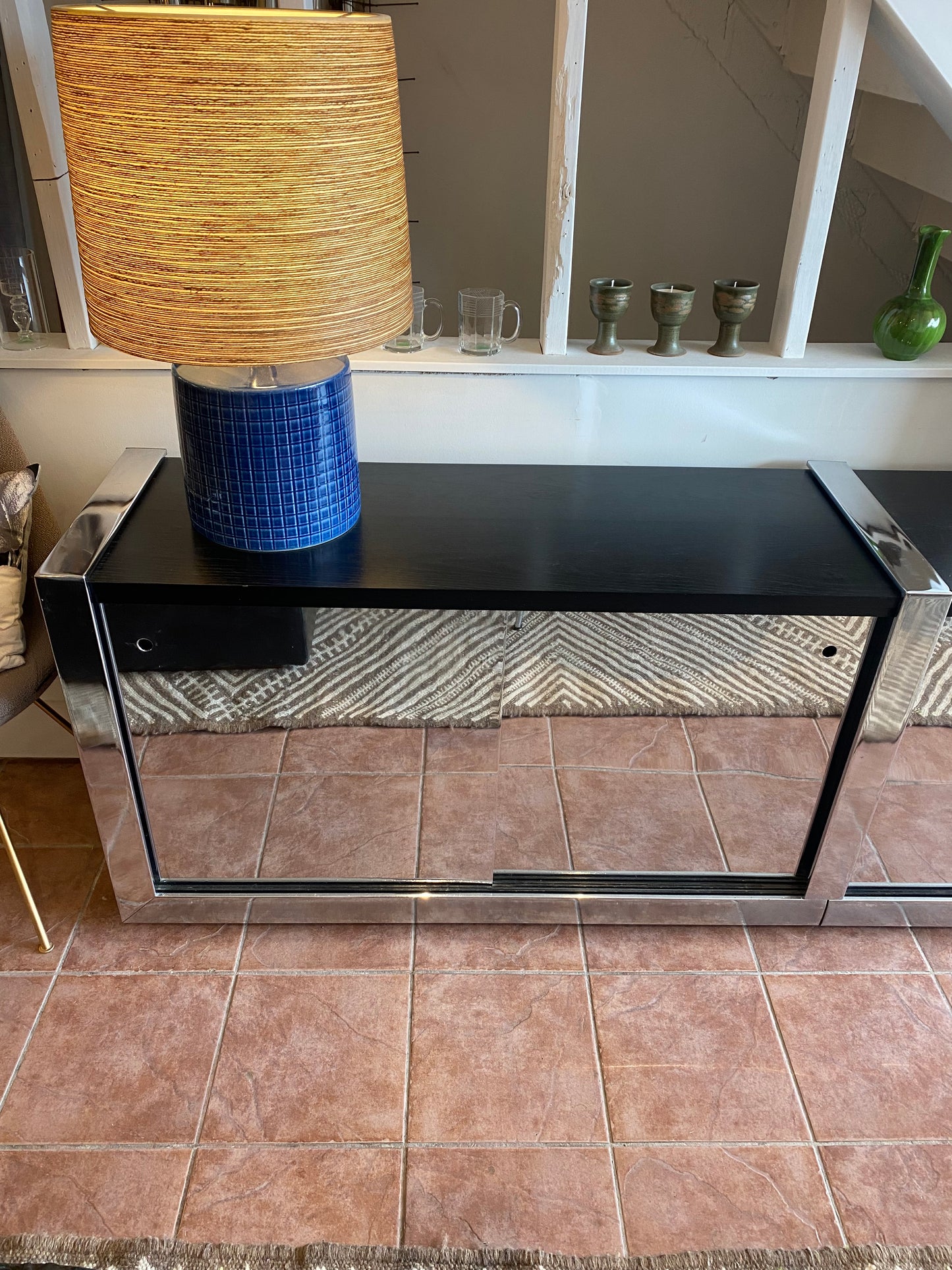 1970's Mirrored Metal and Black Wood Credenza