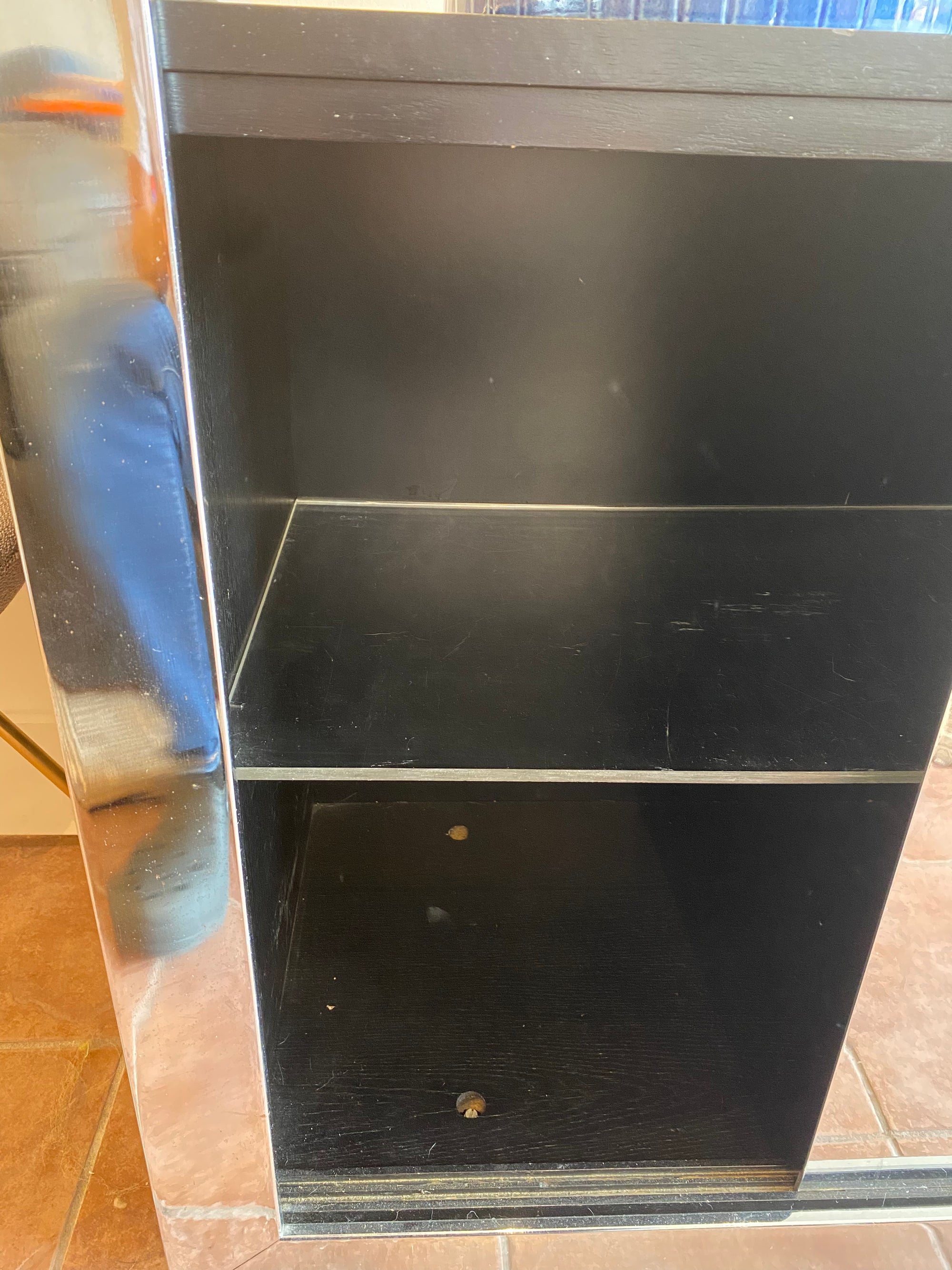 1970's Mirrored Metal and Black Wood Credenza