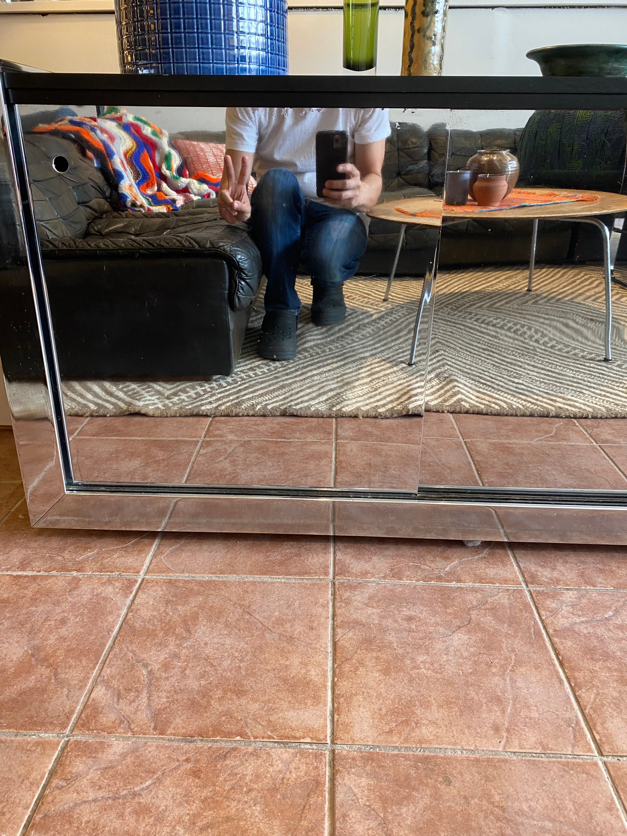 1970's Mirrored Metal and Black Wood Credenza