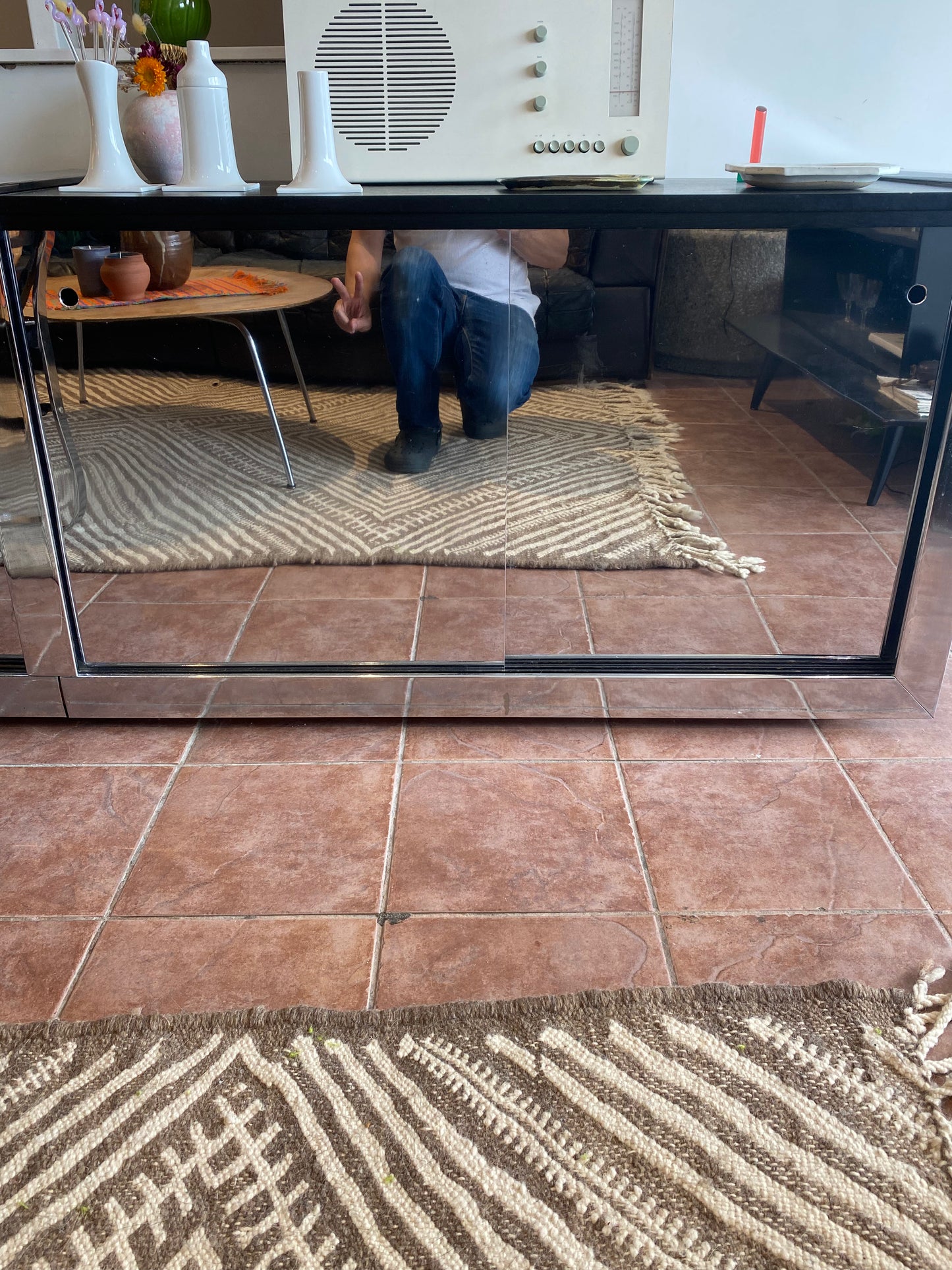 1970's Mirrored Metal and Black Wood Credenza