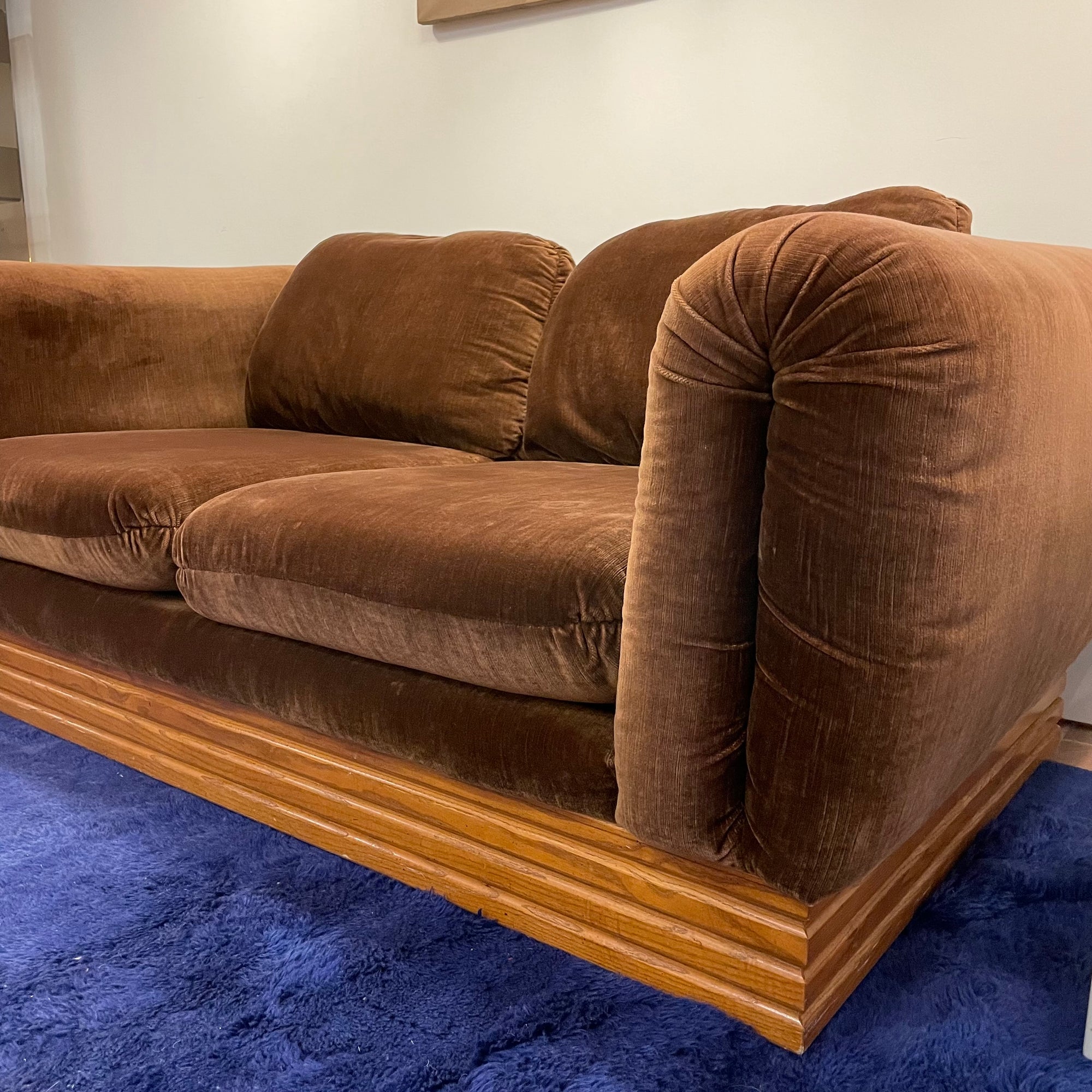 Brown Velour + Oak Loveseat