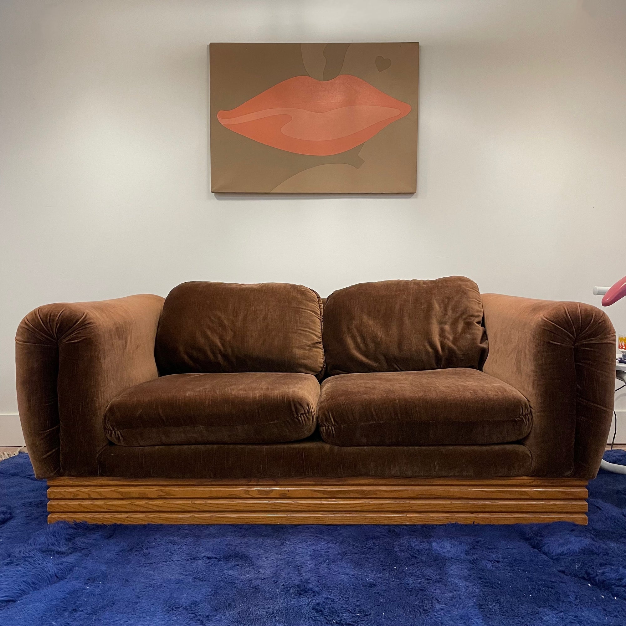 Brown Velour + Oak Loveseat