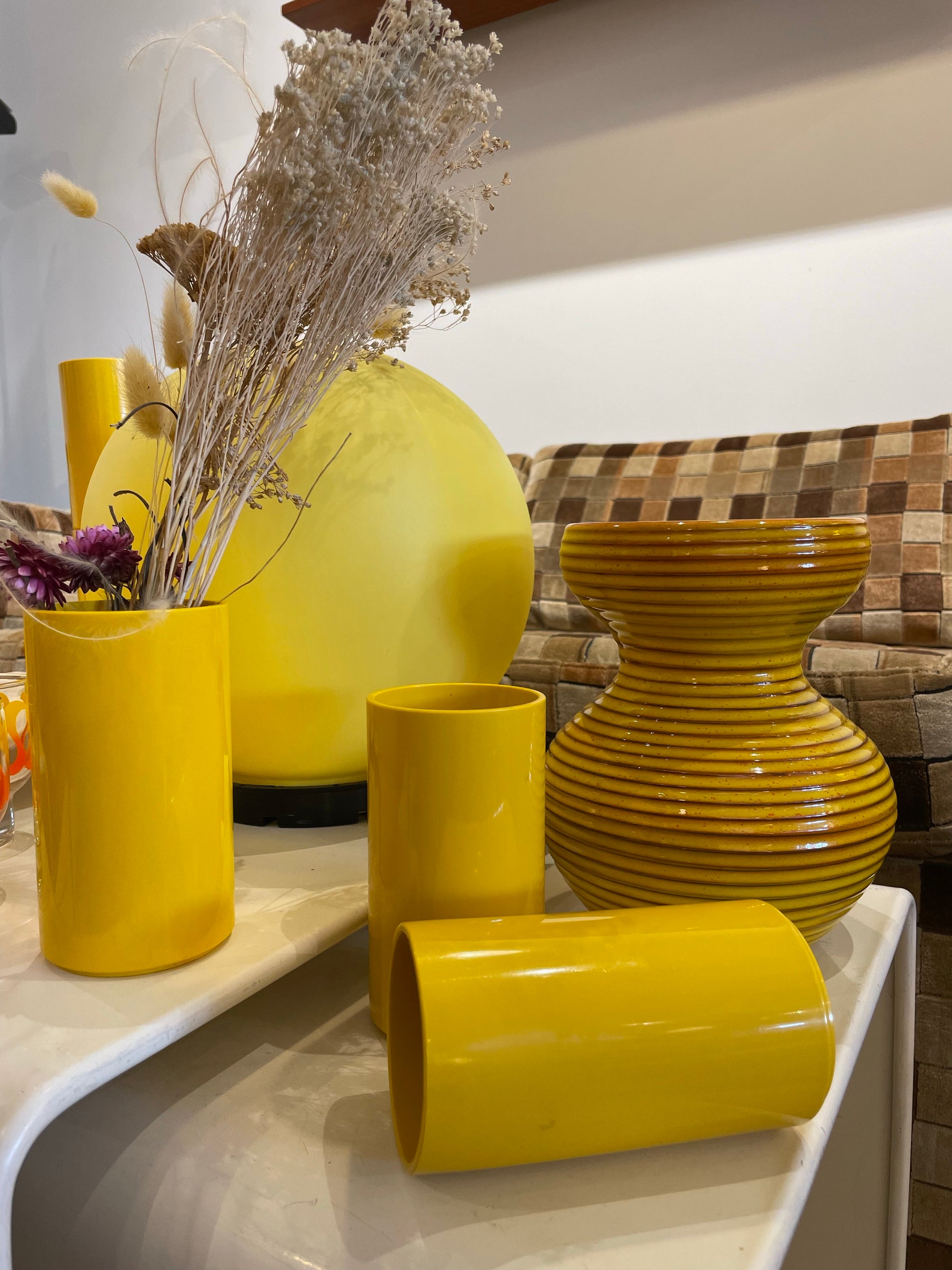 Yellow Ribbed Italian Ceramic Vase